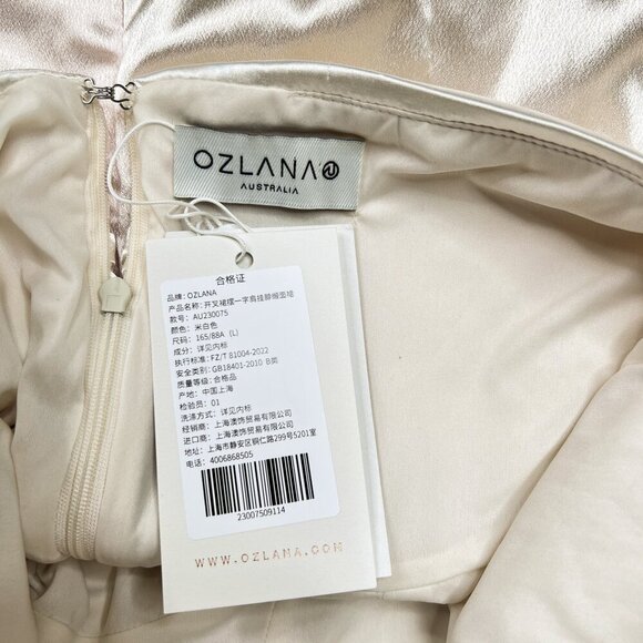 OZLANA Voyage Ivory Satin Off-Shoulder Sequin Rhinestones Tulip Dress Sz L - NWT - Picture 14 of 14